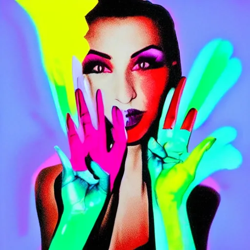 Prompt: a woman with colorful nail polish holding her hands to her face, a pop art painting by david lachapelle, featured on flickr, pop art, neon, vivid colors, glowing neon
