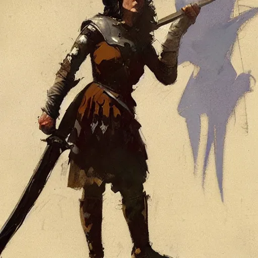 Image similar to portrait of woman wearing medieval clothing holding sword, aggressive stance, detailed by greg manchess, craig mullins, bernie fuchs, walter everett