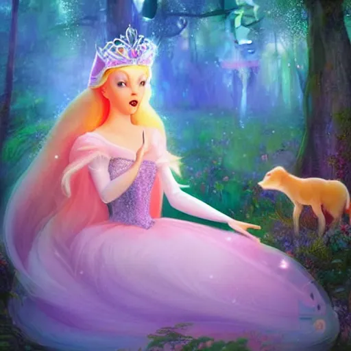 Image similar to A beautiful experimental art of Princess Aurora singing in the woods while surrounded by animals. She looks so peaceful and content in the company of the animals, and the colors are simply gorgeous. colorful lighting by Jeannette Guichard-Bunel harrowing