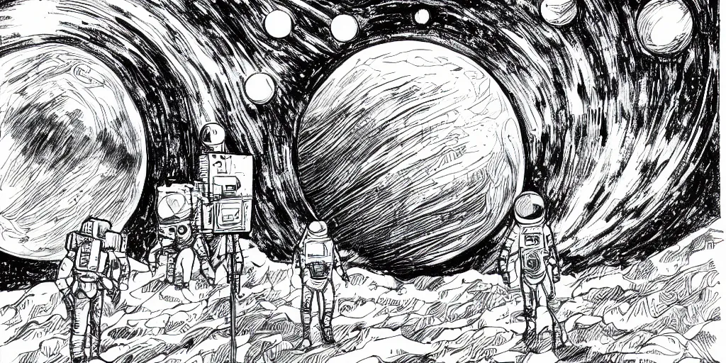 Image similar to ink lineart drawing of a planet, looming over an astronaut's shoulder, wide angle, space background, artstation, style of junji ito, chinese brush pen, illustration, high contrast, deep black tones contour