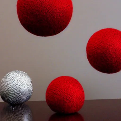 Prompt: chrome spheres on a red cube, knit