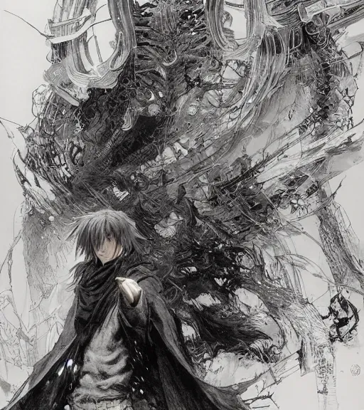 Prompt: portrait of anime giga chad with long hair wearing a dark robe, pen and ink, intricate line drawings, by craig mullins, ruan jia, kentaro miura, greg rutkowski, loundraw