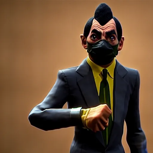 Image similar to mr. bean as a mortal kombat 1 1 fighter. fatality, brutality, finish him, unreal engine 5