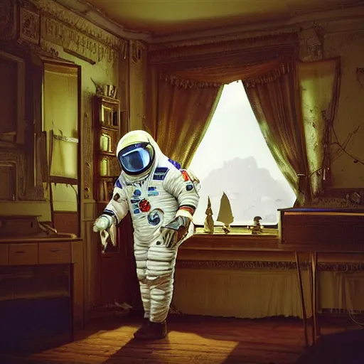 Image similar to a single cosmonaut in a spacesuit drinks a steaming cup of tea at an old wooden desk in a richly decorated house. :: by beeple and James Gilleard and Justin Gerard :: the autumn light comes in through a window and dimly illuminates the room. Ornate, dynamic, particulate, intricate, elegant, highly detailed, centered, artstation, smooth, sharp focus, photoreal octane render, 3d