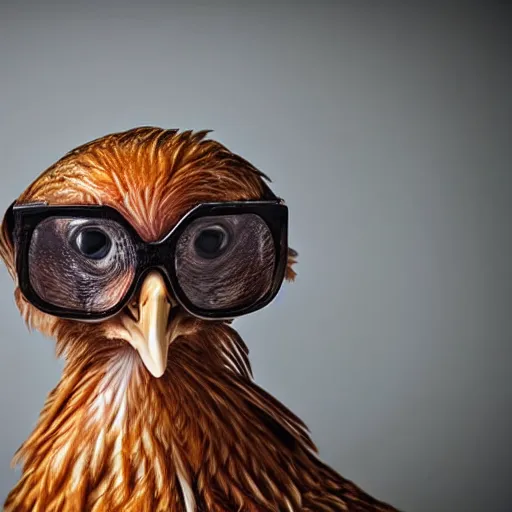 Prompt: a portrait of a very handsome!!! chicken with small fashionable!!!! glasses!!! Staring at the camera!!!