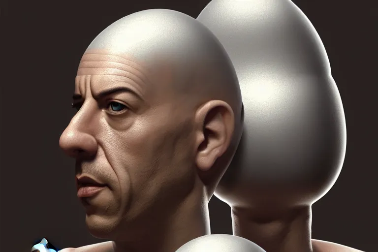 Prompt: egg cup with vin diesel head inside, silver egg cup, head is an egg, hyper detailed, digital art, artstation, cinematic lighting, studio quality, smooth render, by boris vallejo, android jones, artgerm, caravaggio