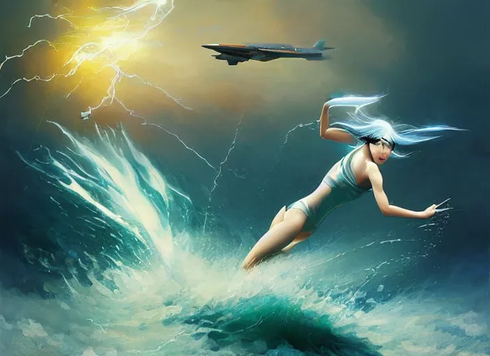Image similar to seductive lee jin - eun running on water at super speed, emerging from multiversal galactic portal, splashes of lightning behind her, zooming past a jet, by ilya kuvshinov, peter mohrbacher, ruan jia, and james jean, aivazovsky, rule of thirds, coherent symmetry, close up, majestic, beautiful eyes