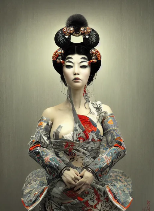 Image similar to portrait of a sensual cyberpunk geisha cyborg with headpiece, imari, modern fine art, fractal, in the style of ghosts in the shell, intricate ornaments, elegant, highly detailed, digital photography, subsurface scattering, by mc escher and greg rutkowski,