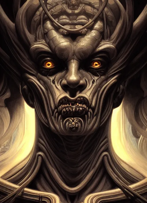 Image similar to symmetry!! portrait of grotesque hades, greek mythology, ancient greece, underworld, intricate, dark design, highly detailed, dark lighting, digital art, digital painting, artstation, sharp focus, illustration, art by artgerm and h r giger and greg rutkowski and alphonse mucha, 8 k