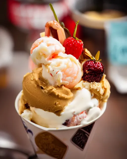 Prompt: dslr food photograph of an ice cream sundae with shrimps on. vanilla icecream, 8 5 mm f 1. 4