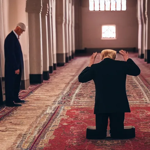 Image similar to Trump praying in mosque, award winning cinematic photography, 50 mm, blurred background, perfect faces