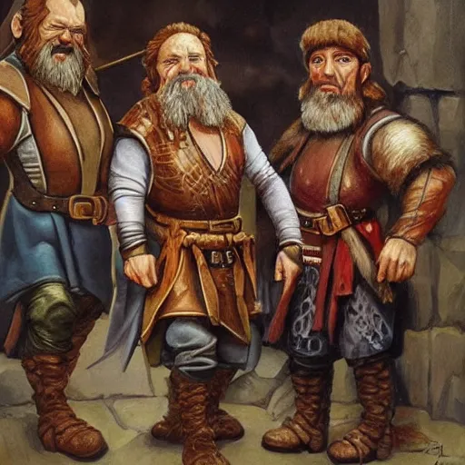 Image similar to Realistic, portrait, three Dwarf Brothers, jolly, dungeons and Dragons, medieval painting