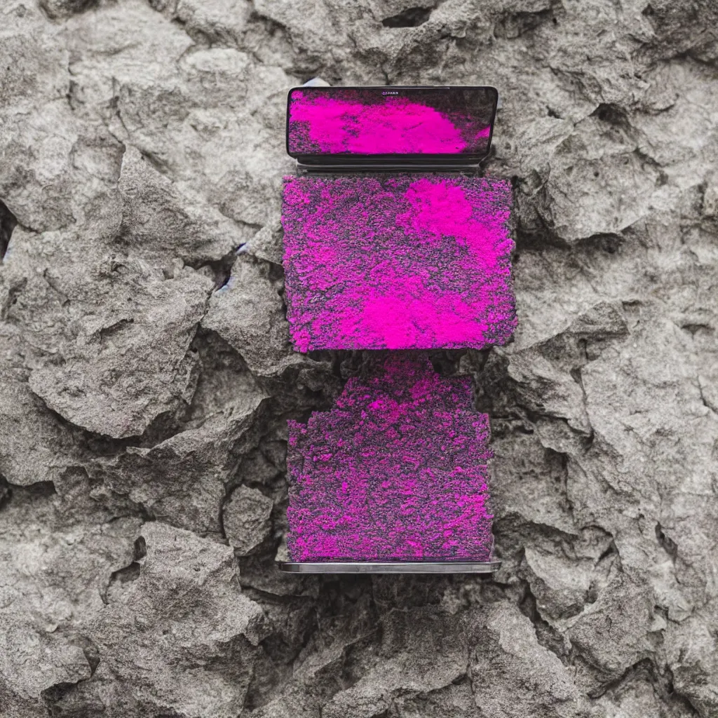 Image similar to Basalt computer covered in pink moss on a museum gallery pedestal, 8K, National Geographic