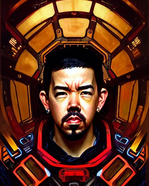 Prompt: portrait of a handsome cyberpunk mike shinoda wearing a samurai armor, beautiful symmetrical face, fantasy, regal, by stanley artgerm lau, greg rutkowski, thomas kindkade, alphonse mucha, loish, norman rockwell.