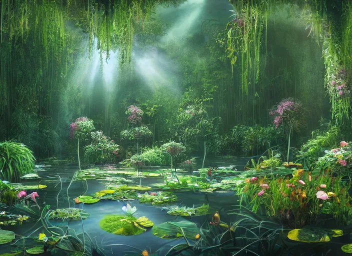 Image similar to A flooded ballroom overgrown with aquatic plants, flowers, lily pads, vines, majestic, dramatic lighting, digital art, trending on Artstation