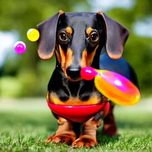 Prompt: photo a dachshund wearing a hot dog outfit, blowing soap bubbles, doing tricks, award winning