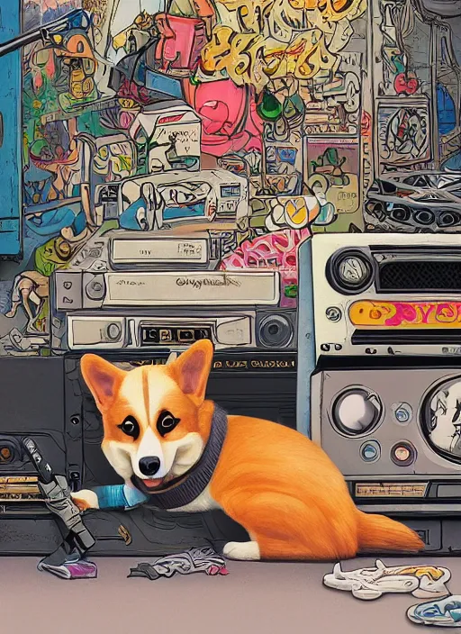 Prompt: beautiful fantasy painting scene of corgi assassin listening to lofi hiphop on his boombox, by Zeen Chin, Jake Parker. Trending on Artstation, 8k, masterpiece, graffiti paint, fine detail, full of color, intricate detail