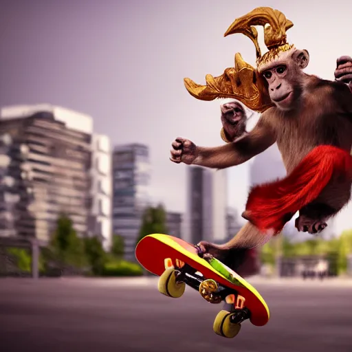 Prompt: monkey king doing kick flips on a skateboard at the olympics by artem chebokha, trending on artstation, photorealistic, high resolution, vray, 8 k, octaneoctane render, weta digital, micro details, 3 d sculpture, structure, ray trace