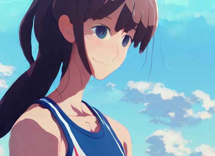 Image similar to portrait of high school runner girl, sunny sky background stadium landscape illustration concept art anime key visual trending pixiv fanbox by wlop and greg rutkowski and makoto shinkai and studio ghibli and kyoto animation symmetrical facial features sports clothing marathon race nike shirt realistic anatomy