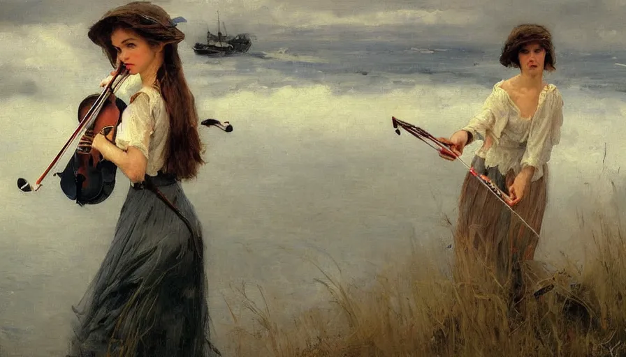 Image similar to angel alone playing on a violin near the shore, boats in the background, foggy morning, clouds in the sky, russian oil painting, serov, surikov, vasnetsov, repin, kramskoi, paint texture, uplight, insanely detailed and intricate, high resolution, Charlie Bowater, Tom Bagshaw, Norman Rockwell, octane rendered, unreal engine, illustration, trending on artstation, masterpiece, 8k