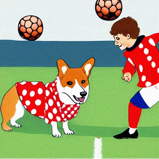 Image similar to illustration of french boy in paris playing football against a corgi, the corgi is wearing a polka dot scarf