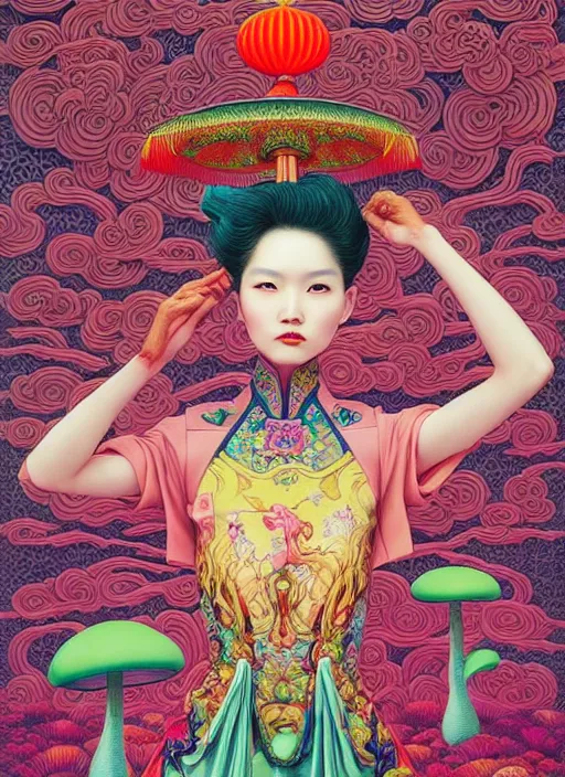 Image similar to pretty chinese model with hallucination mushroom : : by martine johanna and simon stalenhag and chie yoshii and casey weldon and wlop : : ornate, dynamic, particulate, rich colors, intricate, elegant, highly detailed, vogue, harper's bazaar art, fashion magazine, smooth, sharp focus,