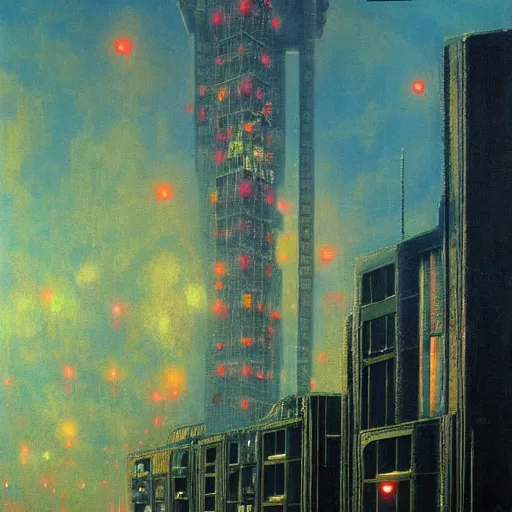 Prompt: detailed painting of a satellite station, neon skyscraper, exterior, floral ornaments, volumetrics lights, beam of bright lights through the clouds, beksinski, bougeureau