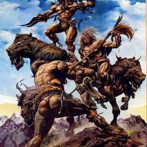 Image similar to warriors standing on a mountain of skulls. Artwork by Frank Frazetta and Boris Vallejo. Inspired by Conan the barbarian