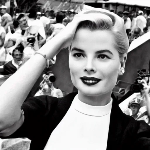 Image similar to selfie smartphone photo of a young Grace Kelly at the Monaco Gran Prix, F1 cars blurred in background, iphone photo, smartphone resolution, low resolution camera