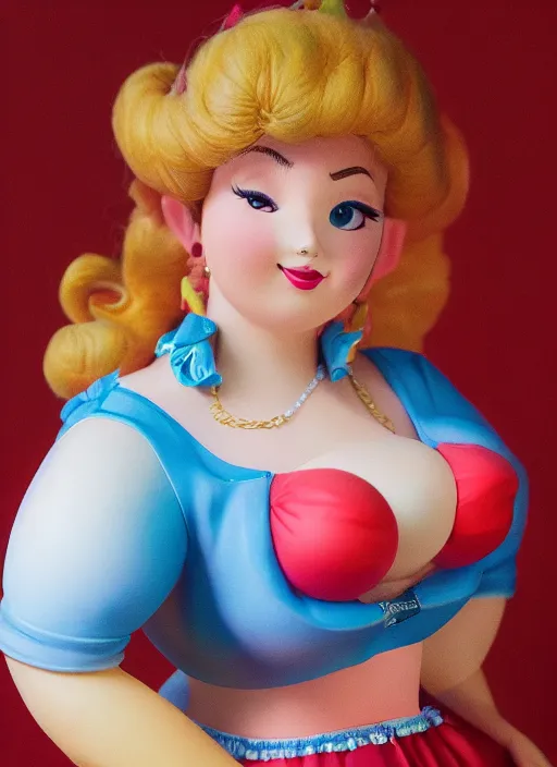 Prompt: portrait of thicc real life princess peach, very large bosum, by charlotte grimm, studio light, detailed face, canon eos c 3 0 0, ƒ 1. 8, 3 5 mm, 8 k, medium - format print, half body shot