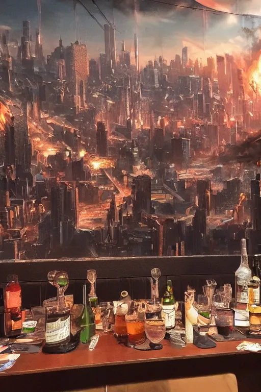 Prompt: in the foreground lot of glasses of alcohol placed on a table!!! in the background a city in flames, realistic, high definition, 4 k, shimmering color, hyper detailed, art of greg rutkowski and magali villeneuve and artgerm