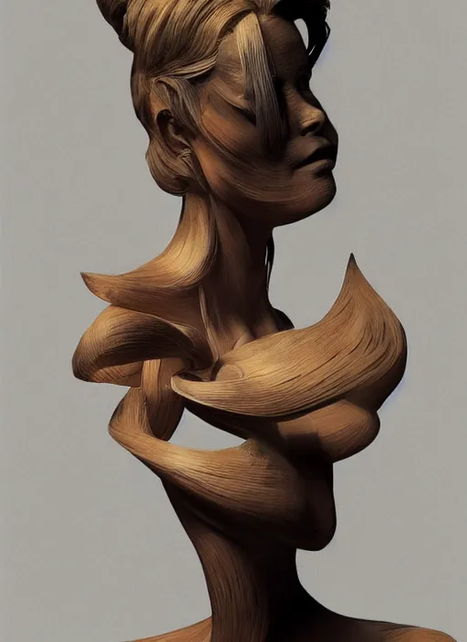 Image similar to sculpture made of wood, portrait, female, future, harper's bazaar, vogue, magazine, intricate, cinematic lighting, concept art, close up, ornate, luxury, elite, elegant, trending on artstation, by ruan jia, by Kenneth Willardt, by ross tran, by WLOP, by Andrei Riabovitchev,