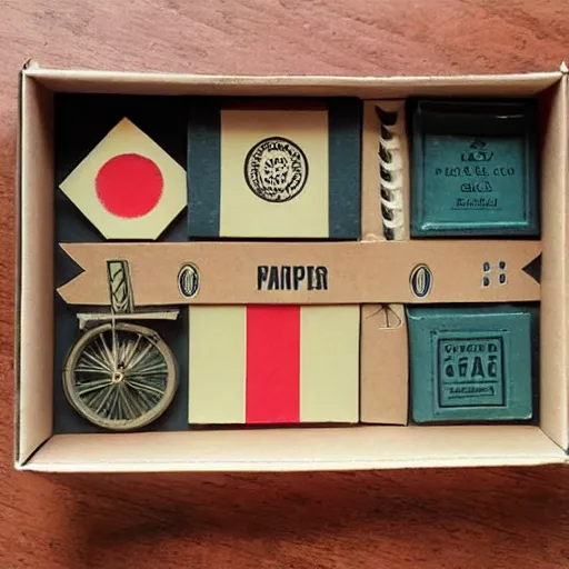 Image similar to vintage craft paper gift box for men, old school, wes anderson style, sealed with old wax