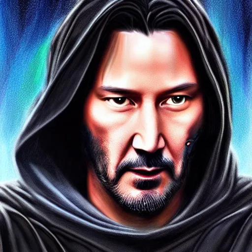 Image similar to keanu reevs as jedi, hyper detailed masterpiece, digital art painting, hyper realism aesthetic