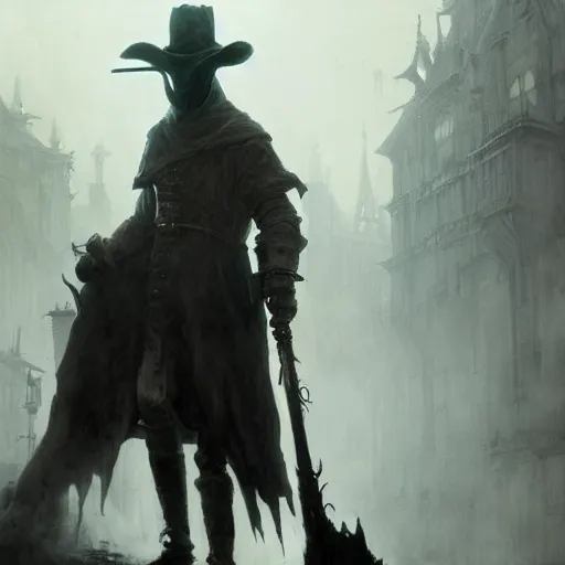 Prompt: Portrait of a Bloodborne Plague Doctor emitting toxic fumes by Greg Rutkowski, photorealistic, volumetric lighting, HD, subtle details, dramatic