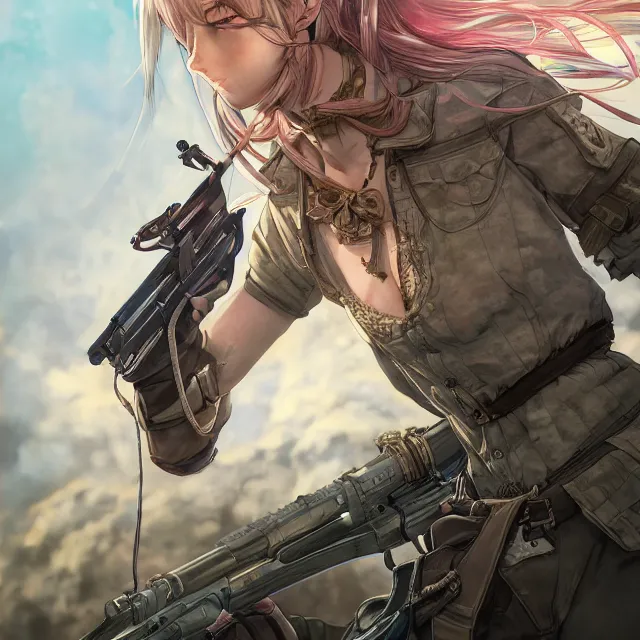 Image similar to the portrait of lawful neutral semi - colorful female infantry gunner as absurdly beautiful, gorgeous, elegant, young anime girl, an ultrafine hyperdetailed illustration by kim jung gi, irakli nadar, intricate linework, bright colors, octopath traveler, final fantasy, unreal engine 5 highly rendered, global illumination, radiant light, detailed and intricate environment