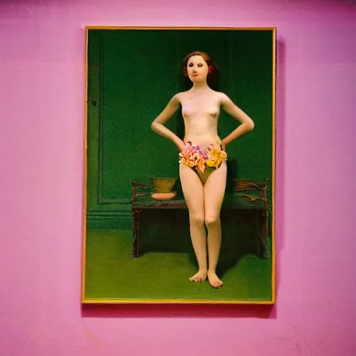 Image similar to close - up of a beautiful flowery girl in a liminal room, film still by wes anderson, depicted by balthus, limited color palette, very intricate, art nouveau, highly detailed, lights by hopper, soft pastel colors, minimalist
