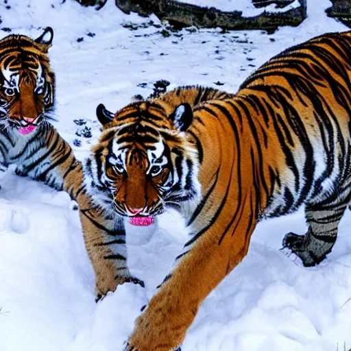 Prompt: tiger cubs playing in the snow
