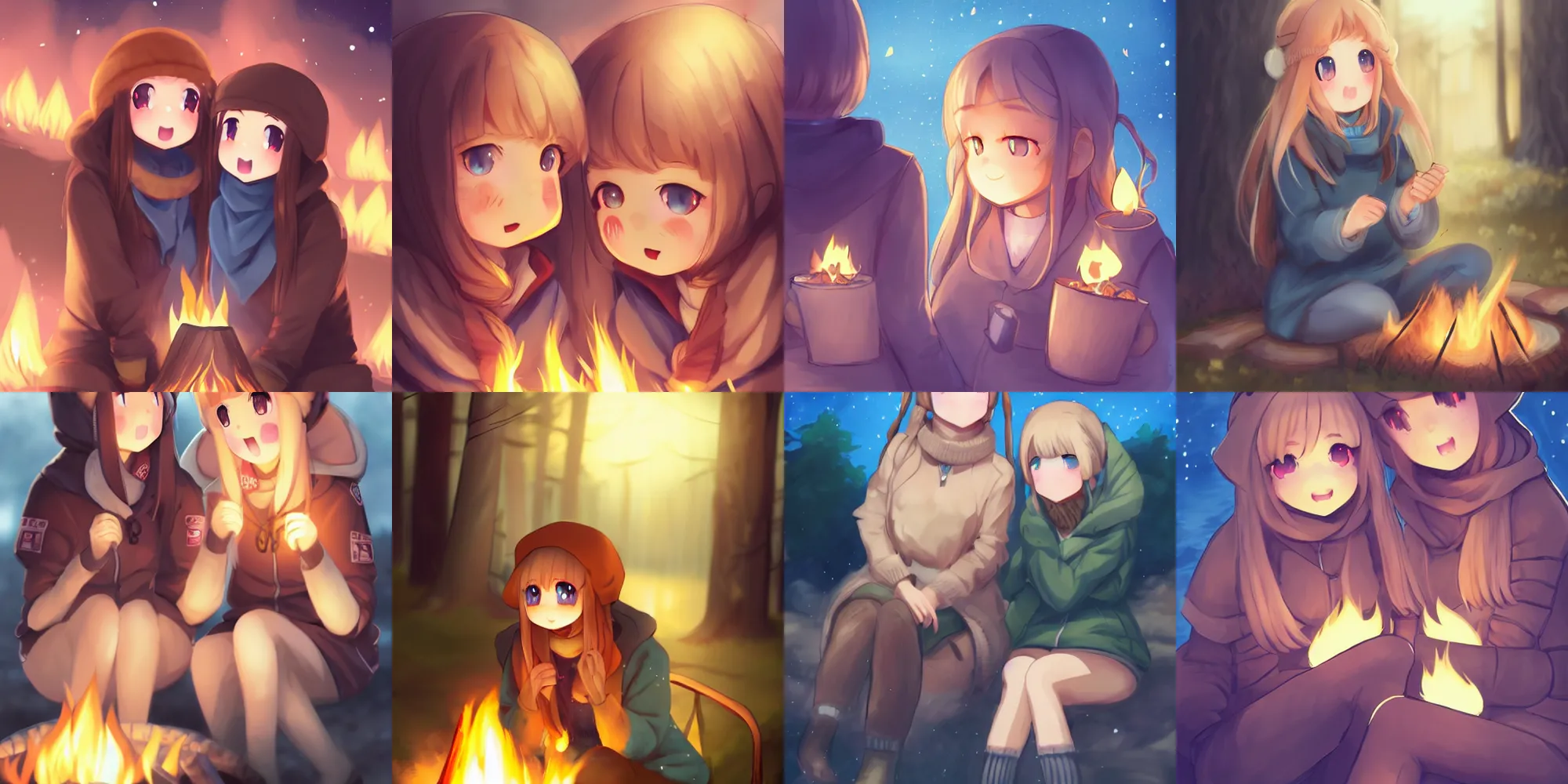 Prompt: cute girls with detailed blue eyes sitting around campfire at night, full faces, anime, fantastic details, trending on artstation, pixiv, yuru camp, moe, illustration, digital art, concept art, manga cover