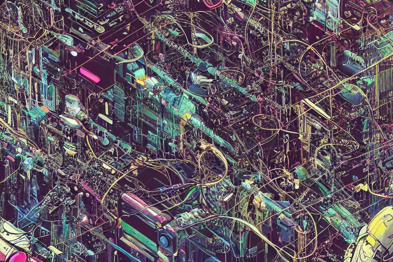 Prompt: an extremely beautiful cyberpunk illustration of parts of female androids' bodies scattered across an empty white background with cables and wires coming out, by katsuhiro otomo and masamune shirow, hyper-detailed, colorful, bird view