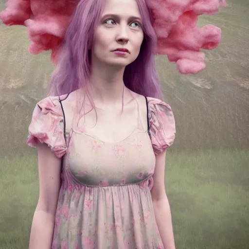 Image similar to 8 k, octane render, realism, tonalism, renaissance, rococo, baroque, cotton candy, portrait of a creepy young lady wearing long 1 9 7 0 s babydoll dress with flowers and skulls