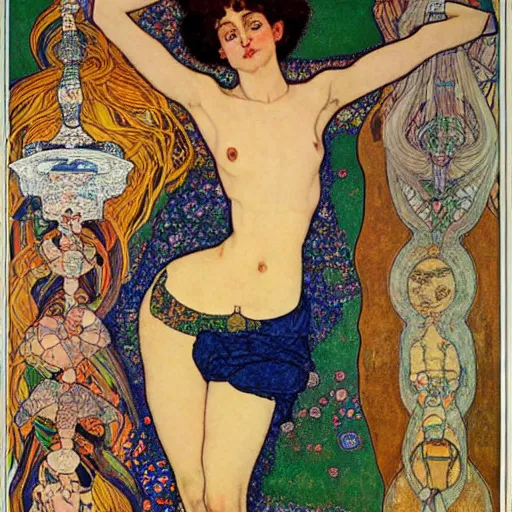 Image similar to a goddess of transcendential consciousness, contrapposto, egon schiele, gustav klimt, alphonse mucha, retro futurism