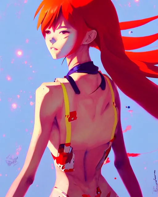 Image similar to a ultradetailed painting of a asuka langley, she is wearing a tank top by conrad roset, greg rutkowski and makoto shinkai trending on artstation