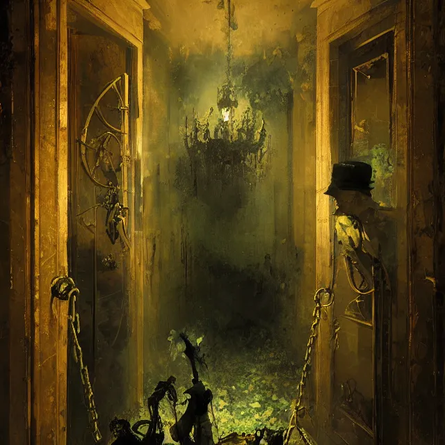 Image similar to ultra - realistic painting gothic 1 9 2 0 s hotel elevator opening up to cosmic horror, atmospheric lighting, brooding, foreboding, by carl spitzweg, ismail inceoglu, vdragan bibin, hans thoma, greg rutkowski, alexandros pyromallis, fine details, realistic shading