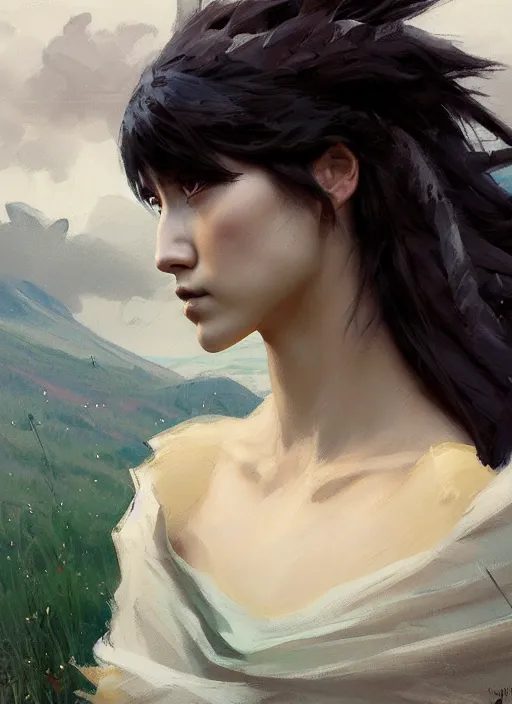 Image similar to portrait of Princess Mononoke, countryside near forest, calm, fantasy character portrait, dynamic pose, above view, sunny day, thunder clouds in the sky, artwork by Jeremy Lipkin and Giuseppe Dangelico Pino and Michael Garmash and Rob Rey, very coherent asymmetrical artwork, sharp edges, perfect face, simple form, 100mm