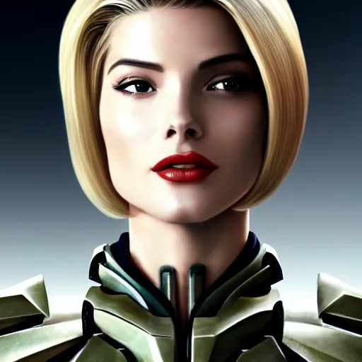 Image similar to A combination of Grace Kelly's and Ada Wong's and Ashley Greene's appearances with blonde hair wearing Forerunner armor from Halo, high tech, action shot, angular, full body portrait, futuristic, dramatic, fantasy, intricate, elegant, highly detailed, artstation, matte, sharp focus, 8K, art by Artgerm and Greg Rutkowski and Alphonse Mucha