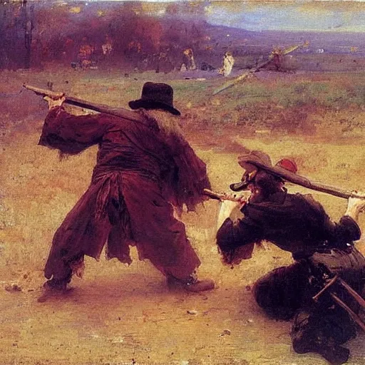 Image similar to duel between two ax - wielding bearded armed men. wide - angle. by ilya repin