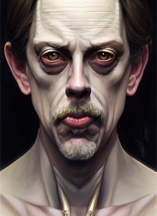 Image similar to symmetry!! portrait of steve buscemi, fantasy, medieval wear, intricate, elegant, highly detailed, digital painting, artstation, concept art, smooth, sharp focus, illustration, art by artgerm and greg rutkowski and alphonse mucha