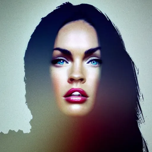 Prompt: double - exposure effect of megan fox face and beautiful mountains, mash up, blending, in the style of dan mountford