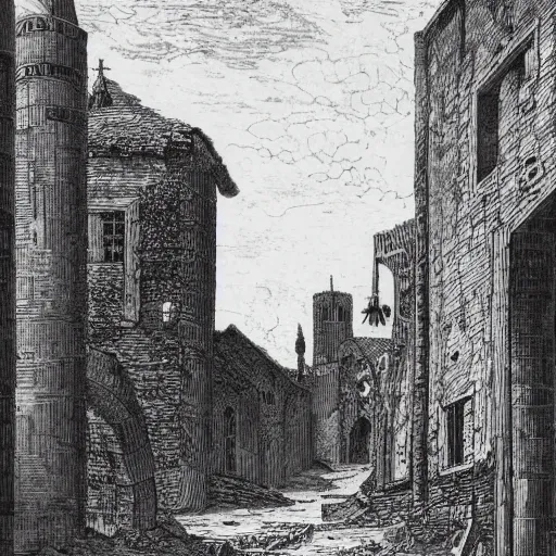 Prompt: medieval town, street, ruin, destruction, engraving, old book